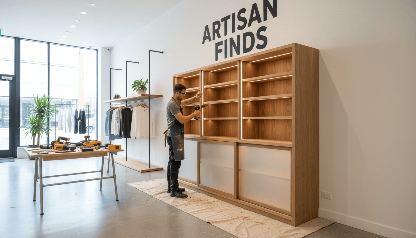Craftsman installing a custom wooden retail cabinet in a modern store