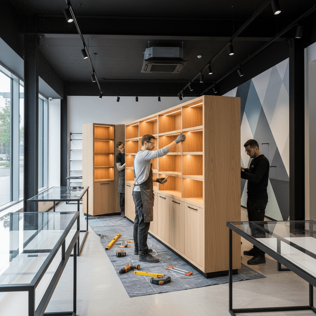 Professional installing custom cabinets in a modern retail store