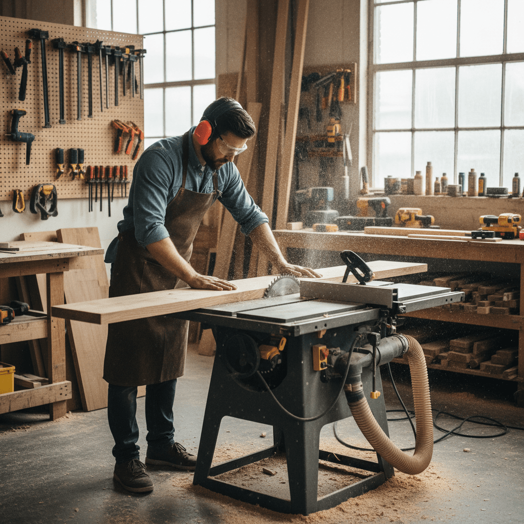 Carpenter cutting wood on a table saw in a professional workshop
