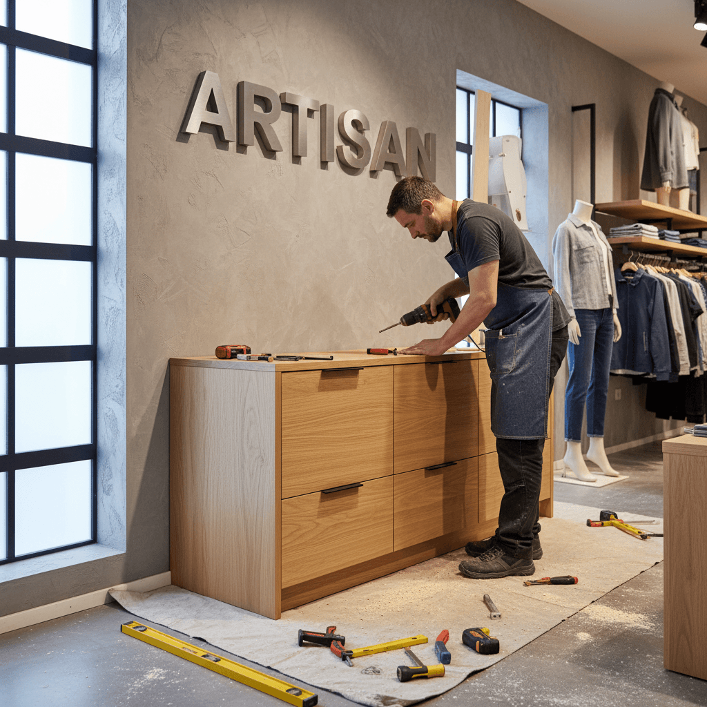 Craftsman installing a wooden cabinet in a retail store