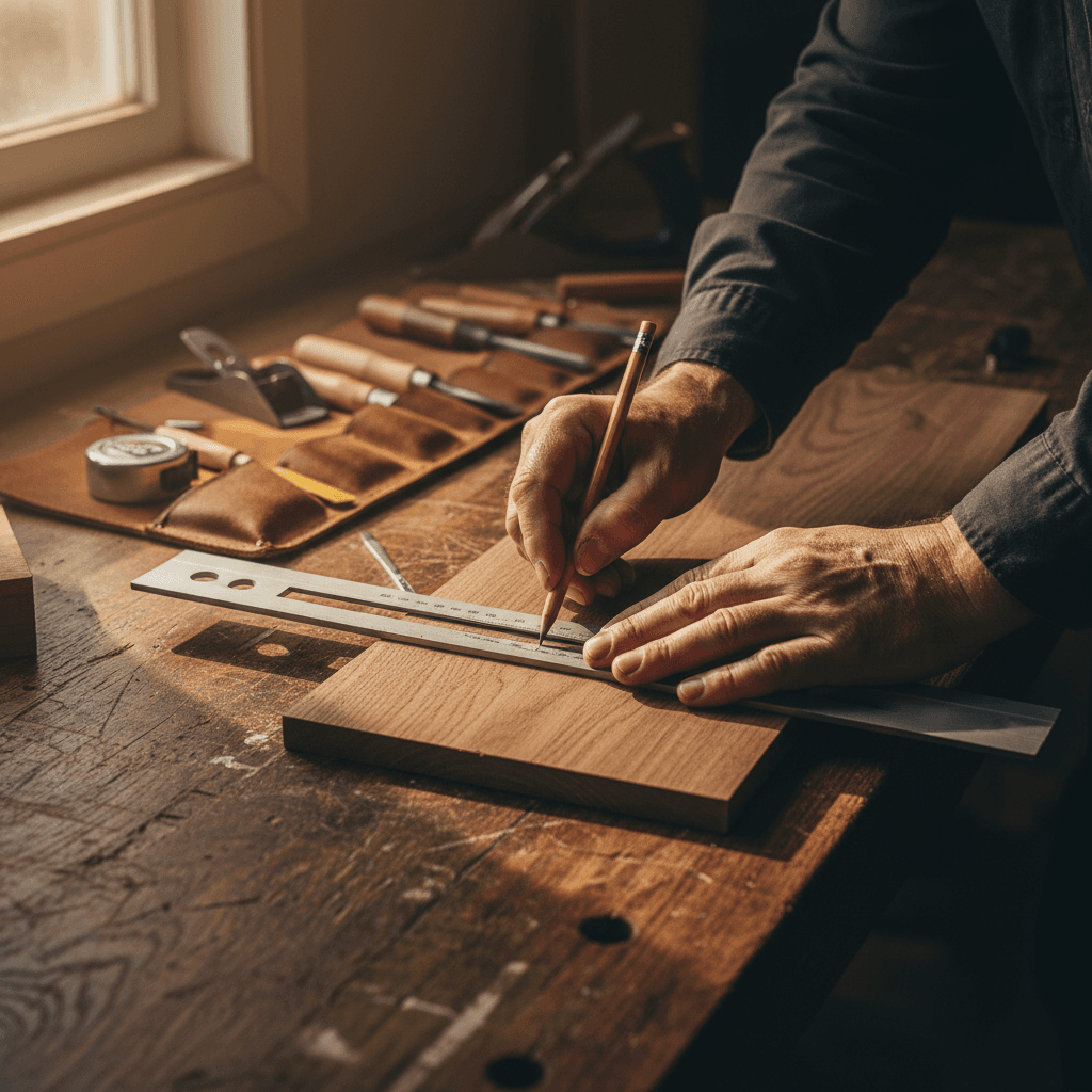 Craftsman measuring a cabinet in a woodworking workshop