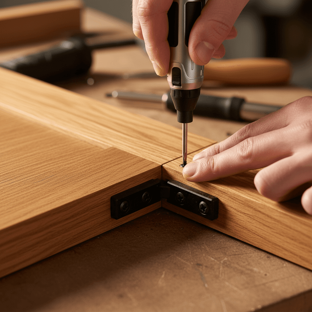 Close-up of finished custom cabinet hardware and wood grain detail