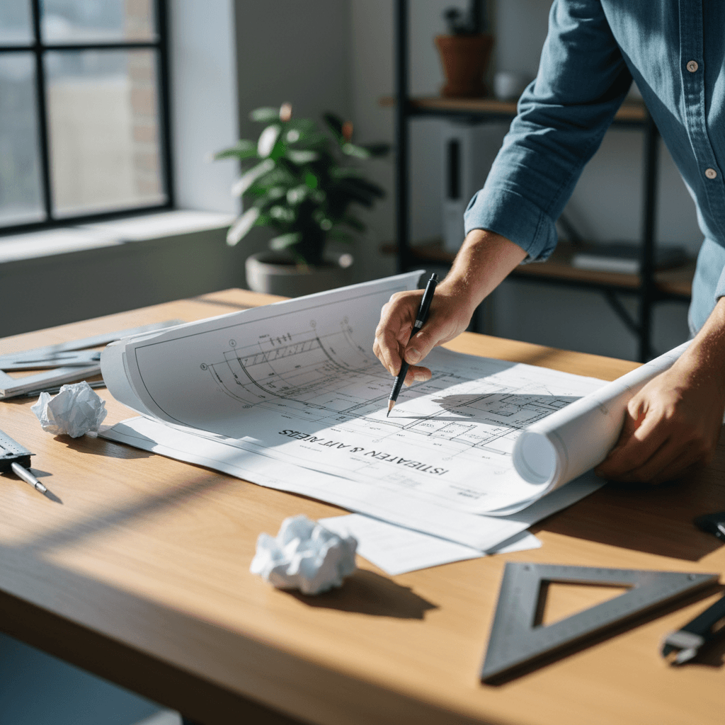 Cabinet shop drawings and elevation plans spread across a worktable
