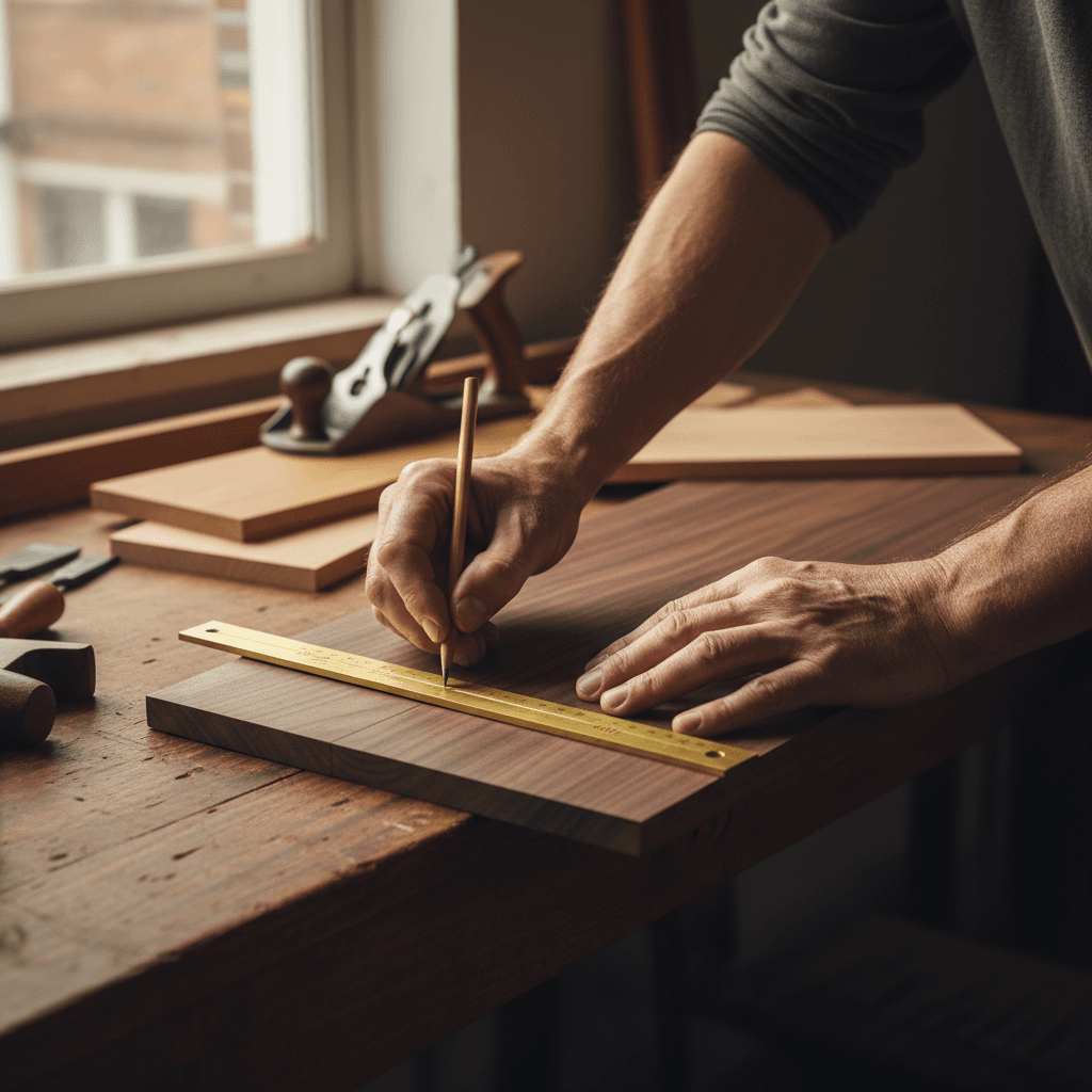 Carpenter measuring wood in a workshop with precision tools