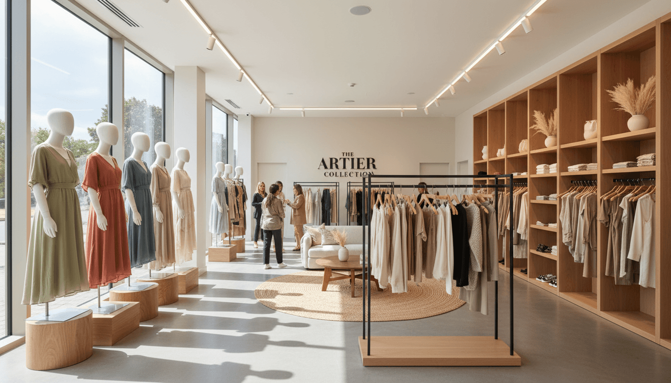 Wall-mounted shelving with warm lighting in a clothing store