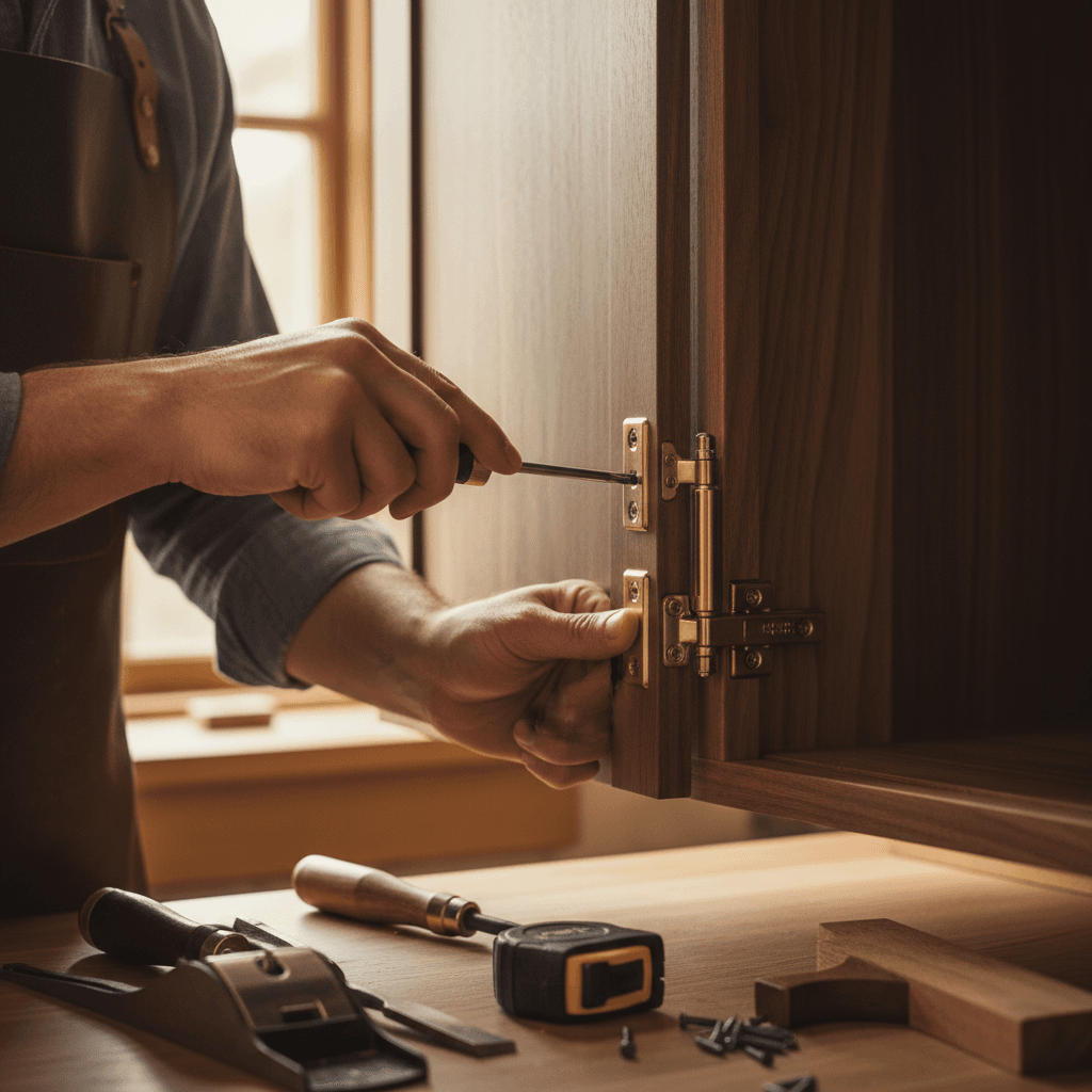 Craftsman fitting a custom cabinet door in a retail store