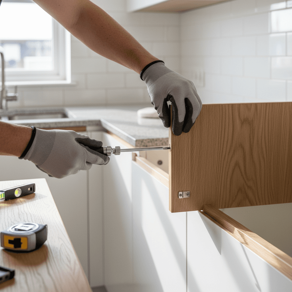 Carpenter hands measuring and installing wooden cabinet in retail space
