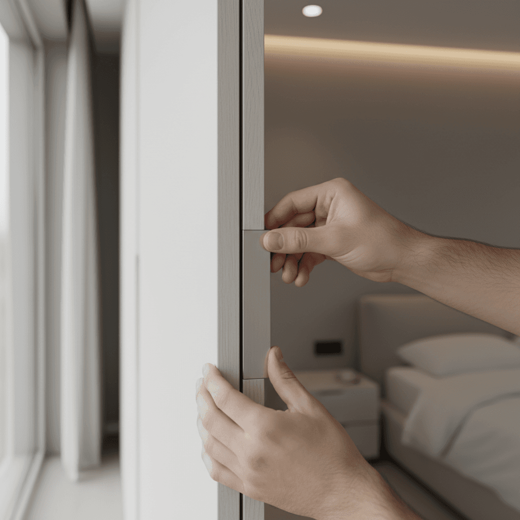 Carpenter installing a custom retail display cabinet in a modern store interior