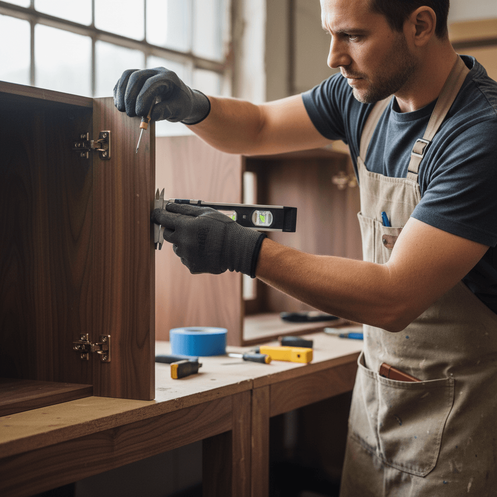 Carpenter installing cabinet doors and checking alignment in a retail store