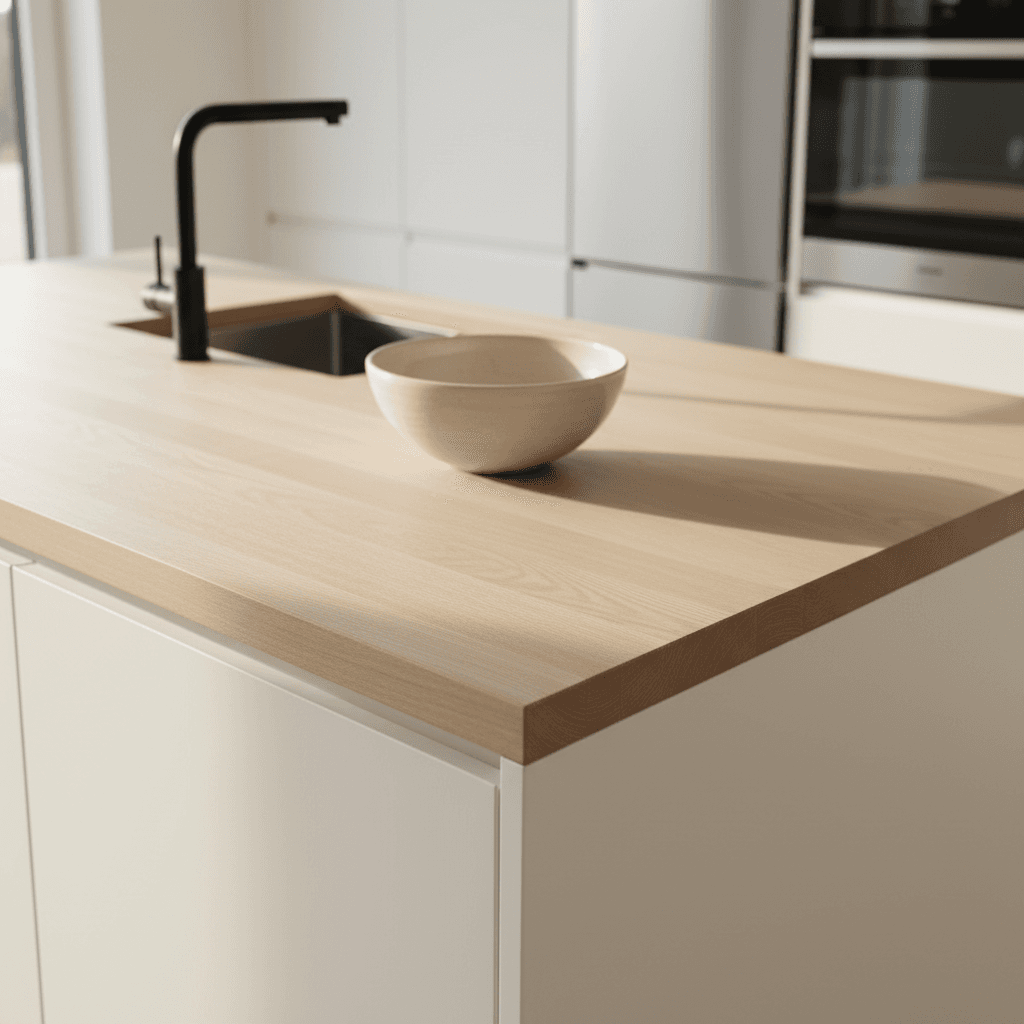 Close-up of finished wood counter and cabinet hardware