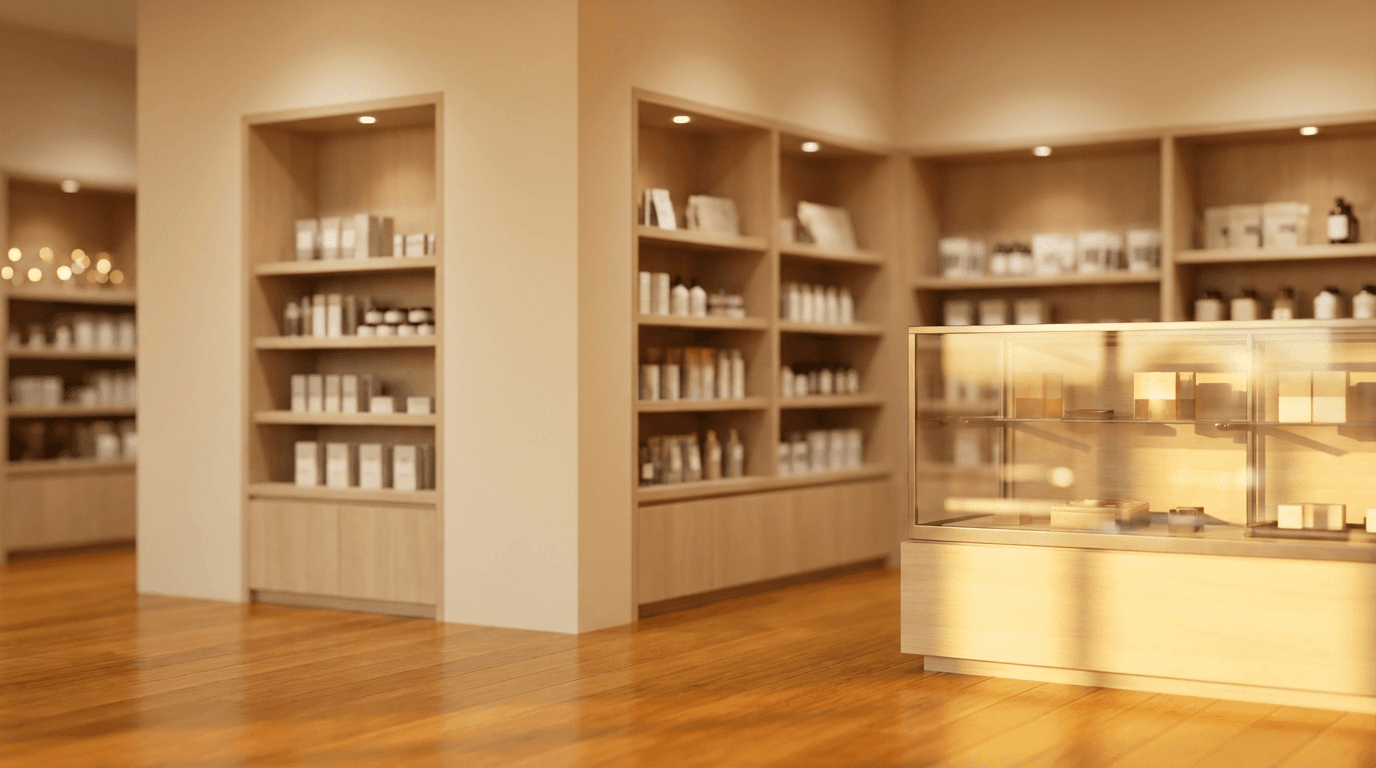 Modern retail store interior with wooden display cabinets